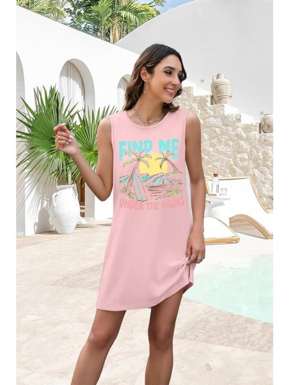 Women's Pink Stylish Sleeveless Beach Vacation Sundress Short Tank Mini Dress - Picture 2 of 5